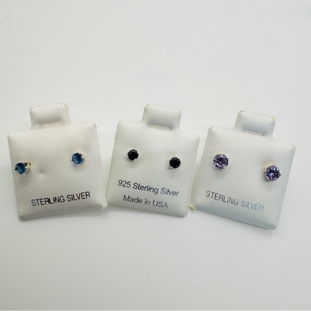 3 Pairs of Sterling Silver Stud Earrings Bundle - Blue, Black, Purple